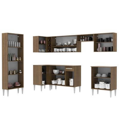 Cozinha Completa De Canto Reto Madesa Emilly Moon Com Armário E Balcão 15 Portas 1 Gaveta Rustic Marrom