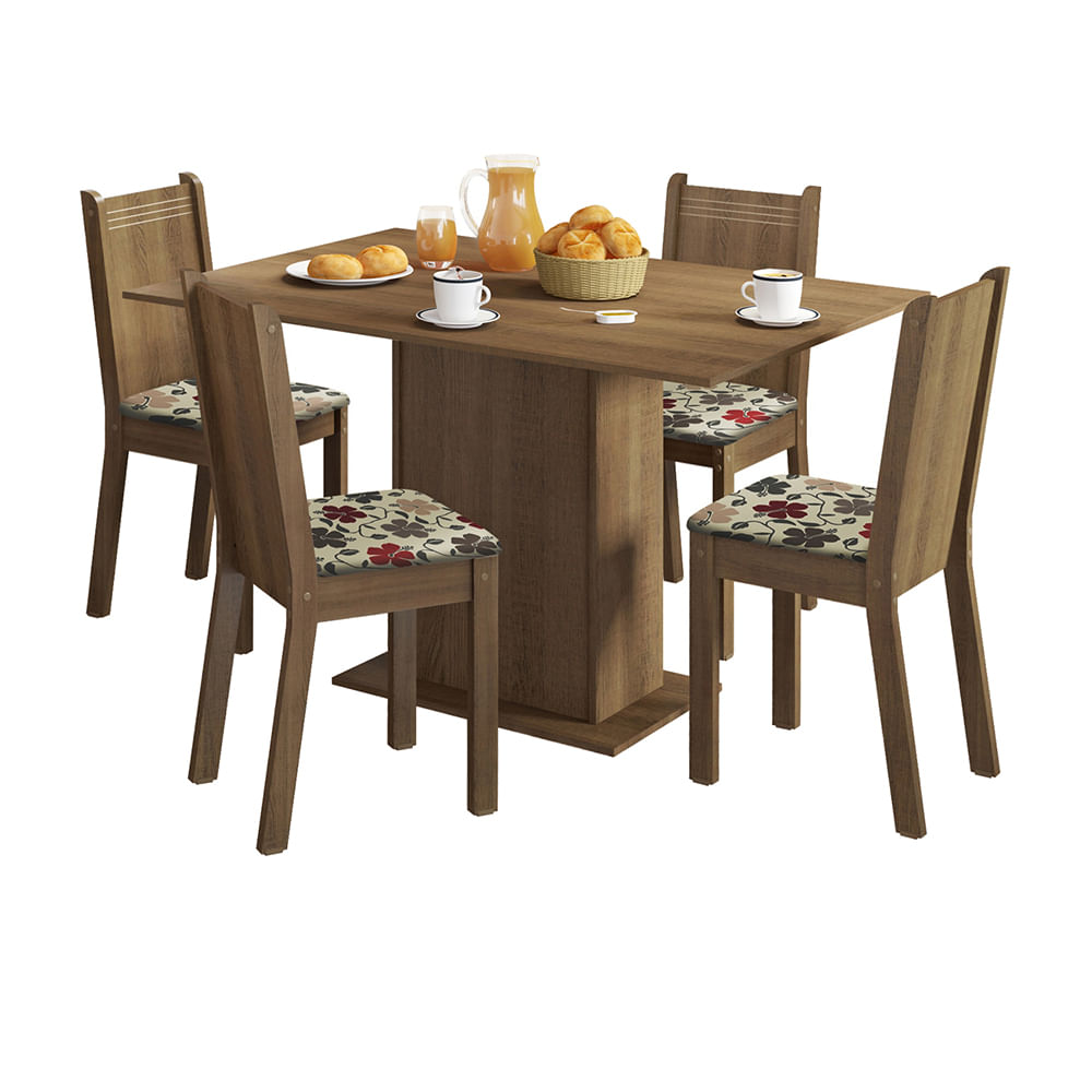 Conjunto Sala De Jantar Lexy Madesa Mesa Tampo De Madeira Com 4 Cadeiras Rustic/Floral Hibiscos Marrom