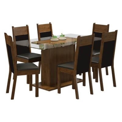 Conjunto Sala De Jantar Madesa Atlanta Mesa Tampo De Vidro Com 6 Cadeiras Rustic/Preto/Sintético Preto Marrom