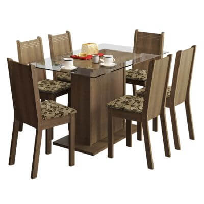Conjunto Sala De Jantar Madesa Gales Mesa Tampo De Vidro Com 6 Cadeiras Rustic/Bege Marrom Marrom