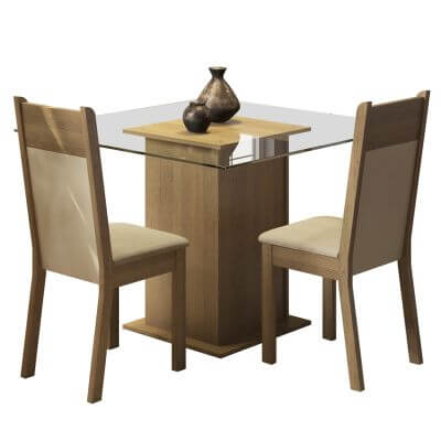 Conjunto Sala De Jantar Madesa Moni Mesa Tampo De Vidro Com 2 Cadeiras Rustic/Crema/Pérola Marrom