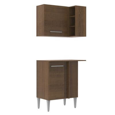 Kit De Canto Reto Madesa Emilly 2 Portas Com Armário Aéreo, Adega E Balcão Rustic Marrom