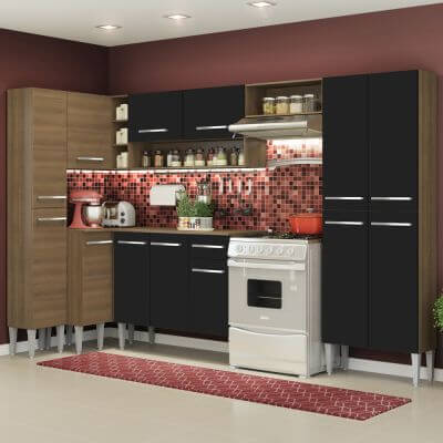 Cozinha Completa De Canto Reto Madesa Emilly Love Com Armário E Balcão 13 Portas 1 Gaveta Rustic/Preto Marrom