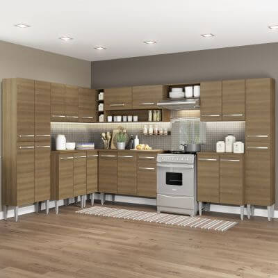 Cozinha Completa De Canto Reto Madesa Emilly Big Com Armário E Balcão 21 Portas 1 Gaveta Rustic Marrom