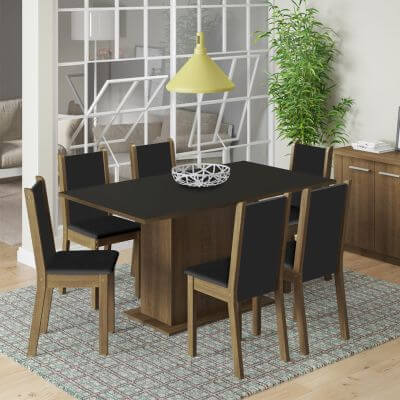 Conjunto Sala De Jantar Madesa Ohana Mesa Tampo De Madeira Com 6 Cadeiras Rustic/Preto/Sintético Preto