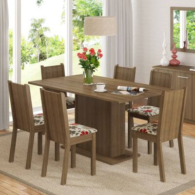 Conjunto Sala De Jantar Madesa Megan Mesa Tampo De Madeira Com 6 Cadeiras Rustic/Floral Hibiscos Marrom