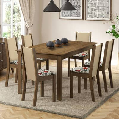 Conjunto Sala De Jantar Madesa Miriam Mesa Tampo De Madeira Com 6 Cadeiras Rustic/Crema/Floral Hibiscos Marrom