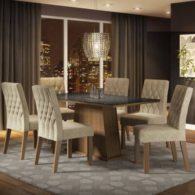 Conjunto Sala De Jantar Madesa Rafaela Mesa Tampo De Vidro Com 6 Cadeiras Rustic/Preto/Imperial Marrom
