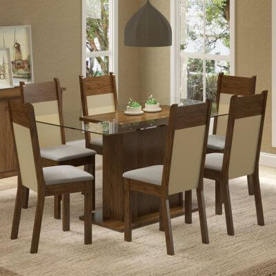 Conjunto Sala De Jantar Madesa Atlanta Mesa Tampo De Vidro Com 6 Cadeiras Rustic/Crema/Pérola Marrom