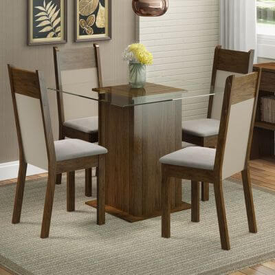 Conjunto Sala De Jantar Madesa Dallas Mesa Tampo De Vidro Com 4 Cadeiras Rustic/Crema/Pérola Marrom