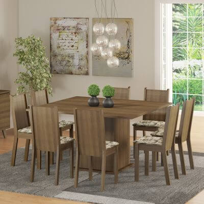 Conjunto Sala De Jantar Madesa Clarice Mesa Tampo De Madeira Com 8 Cadeiras Rustic/Lírio Bege Marrom