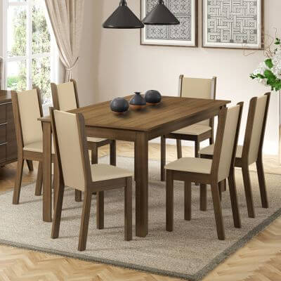 Conjunto Sala De Jantar Madesa Miriam Mesa Tampo De Madeira Com 6 Cadeiras Rustic/Crema/Pérola Marrom