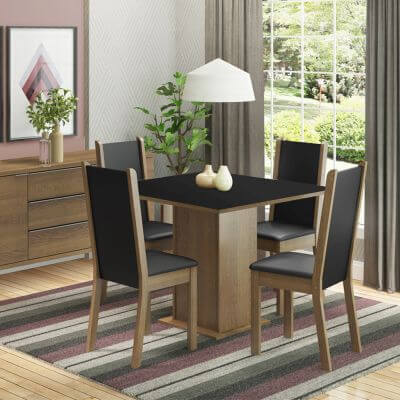 Conjunto Sala De Jantar Madesa Roma Mesa Tampo De Madeira Com 4 Cadeiras Rustic/Preto Marrom