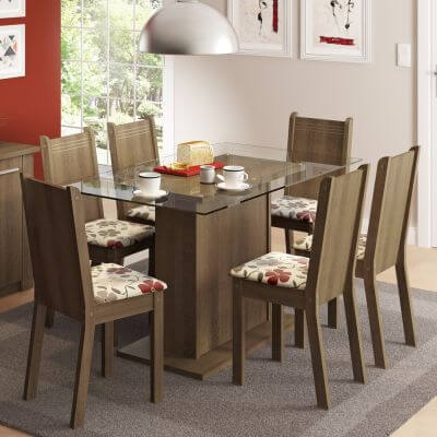 Conjunto Sala De Jantar Madesa Gales Mesa Tampo De Vidro Com 6 Cadeiras Rustic/Floral Hibiscos Marrom