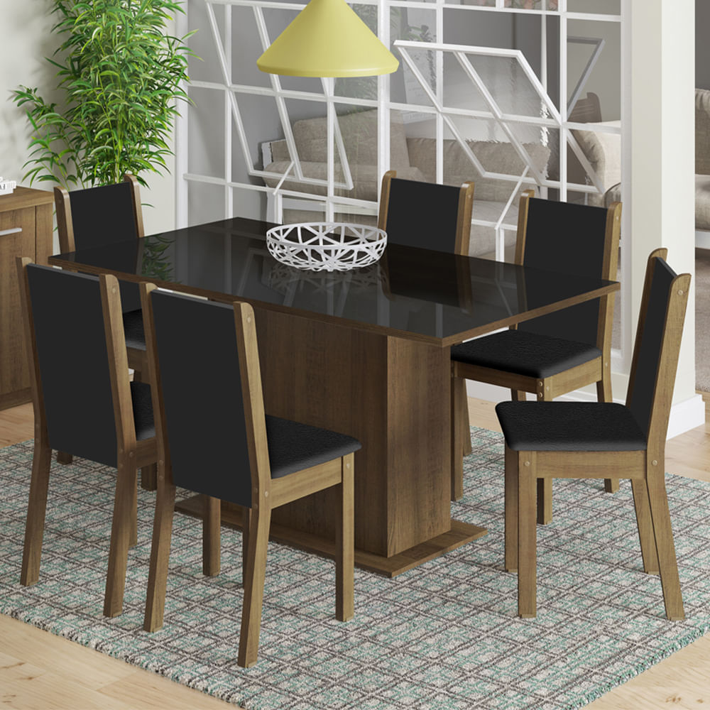 Conjunto Sala De Jantar Moscou Plus Madesa Mesa Tampo De Vidro Com 6 Cadeiras Rustic/Preto