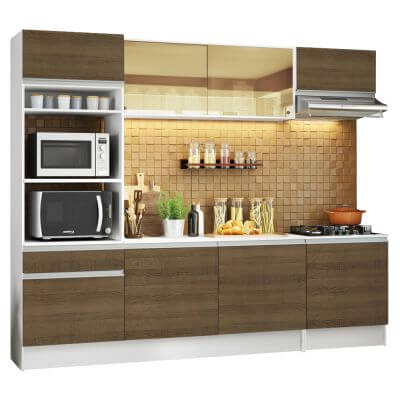 Cozinha Completa Madesa Diamante Com Armário, Balcão E Tampo Branco/Rustic Marrom