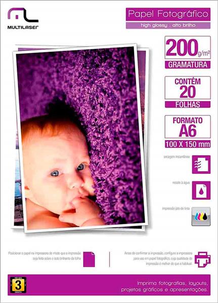 Papel Especial Photo Multilaser Paper A6 200G/M2 20 Folhas - Pe010 Multilaser