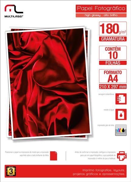 Papel Multilaser Fotográfico Glossy A4 180G/M2 10Fls - Pe030 Multilaser