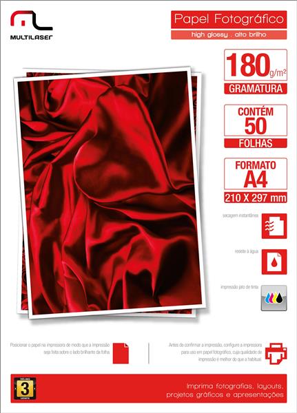 Papel Glossy Paper Multilaser A4 180G C/ 50 Folhas Branco - Pe031 Branco
