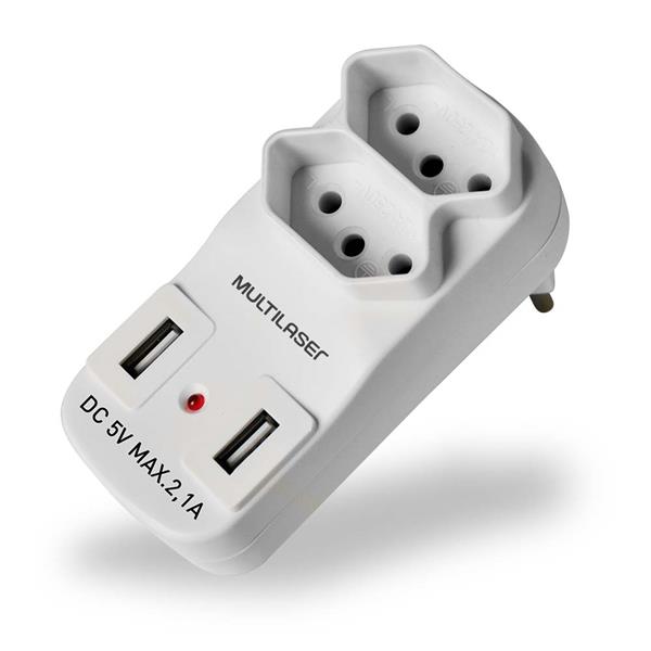 Adaptador 2 Saidas 2P+T Com 2 Portas Usb 2.1A - Wi331