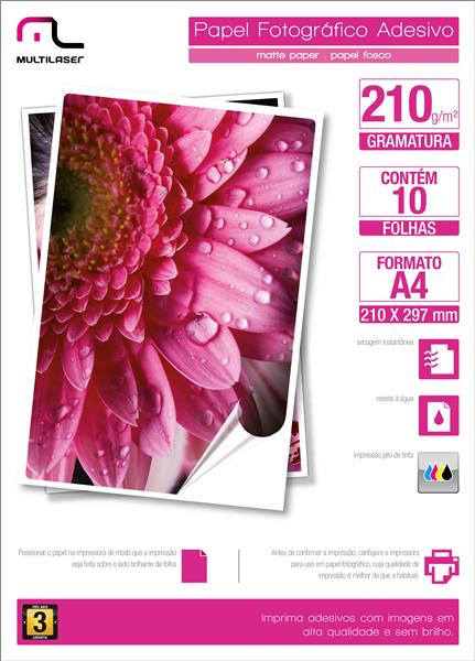 Papel Fotográfico Multilaser Adesivo 210G/M2 A4 C/ 10 Fls - Pe007 Multilaser