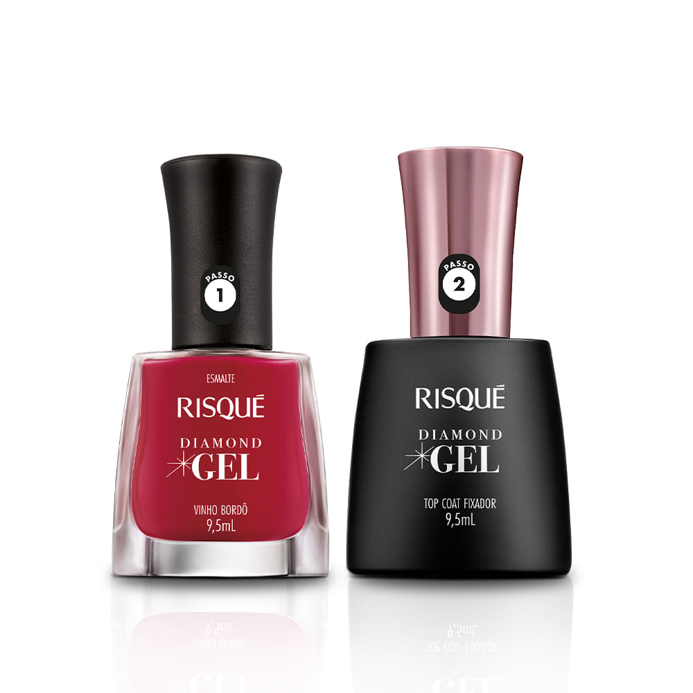 Kit Risqué Esmalte Diamond Gel Vinho Bordô Cremoso + Top Coat Fixador 9,5ml