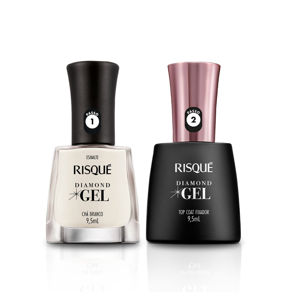 Kit Risqué Esmalte Diamond Gel Chá Branco Natural + Top Coat Fixador 9,5 Ml