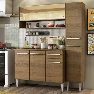 Cozinha Compacta Madesa Emilly Art Com Balcão E Armário Vidro Reflex Rustic