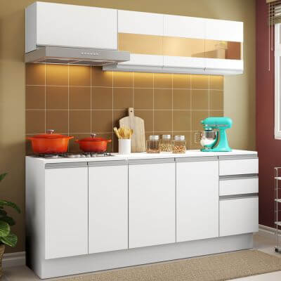 Cozinha Compacta 100% Mdf Madesa Smart 180 Cm Modulada Com Balcão E Tampo Branco