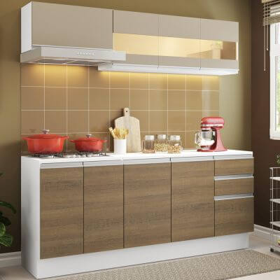 Cozinha Compacta 100% Mdf Madesa Smart 180 Cm Modulada Com Balcão E Tampo Branco/Rustic/Crema Marrom