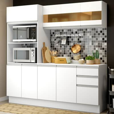 Cozinha Compacta 100% Mdf Madesa Smart 190 Cm Com Armário, Balcão E Tampo Branco Branco