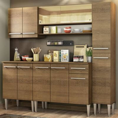 Cozinha Completa Madesa Emilly Sky Com Armário Vidro Reflex E Balcão Rustic Marrom