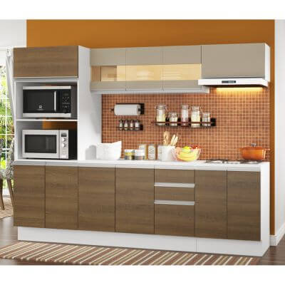 Cozinha Completa 100% Mdf Madesa Smart 250 Cm Modulada Com Balcão E Tampo Branco/Rustic/Crema