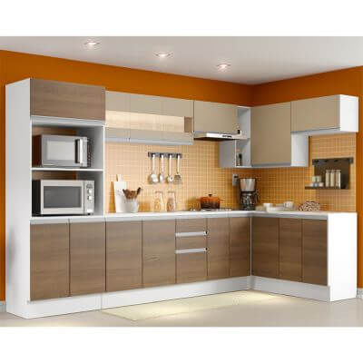 Cozinha Completa 100% Mdf Madesa Smart Modulada De Canto Branco/Rustic/Crema Marrom