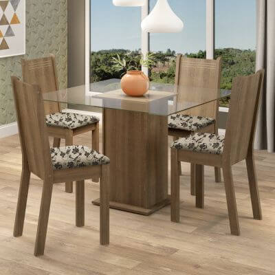 Conjunto Sala De Jantar Madesa Maya Mesa Tampo De Vidro Com 4 Cadeiras Rustic/Bege Marrom Marrom