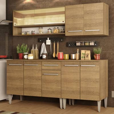 Cozinha Completa Madesa Emilly Dance Com Balcão E Armário Vidro Reflex Rustic Marrom