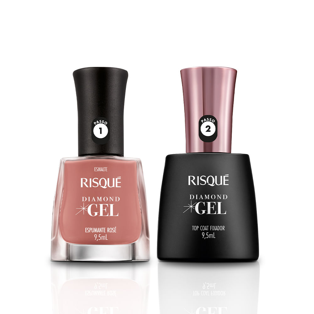 Kit Risqué Esmalte Diamond Gel Espumante Rosé Cremoso + Top Coat Fixador 9,5ml