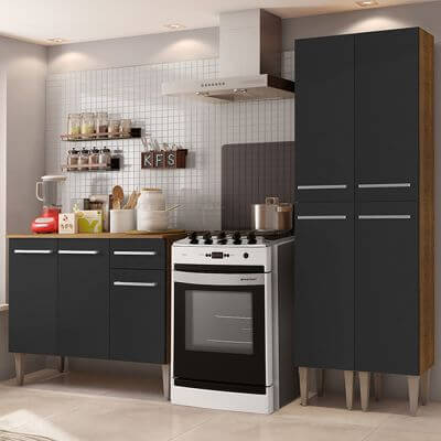 Cozinha Compacta Madesa Emilly Front Com Balcão E Paneleiro - Rustic/Preto Marrom