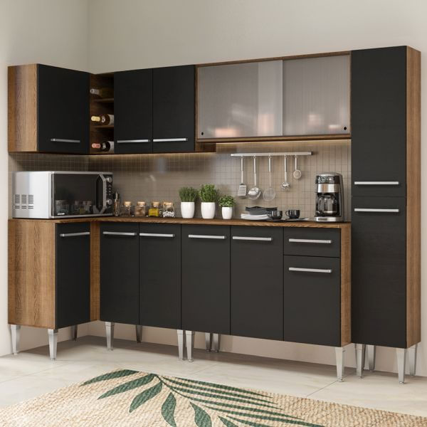 Cozinha Completa De Canto Madesa Emilly Space Com Armário Vidro Miniboreal, Balcão E Paneleiro Rustic/Preto Marrom