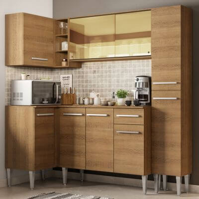 Cozinha Completa De Canto Madesa Emilly River Com Balcão E Armário Vidro Reflex Rustic Marrom