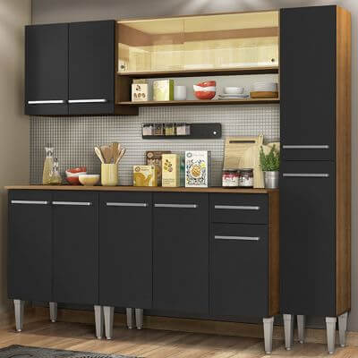 Cozinha Completa Madesa Emilly Sky Com Armário Vidro Reflex E Balcão - Rustic/Preto Marrom