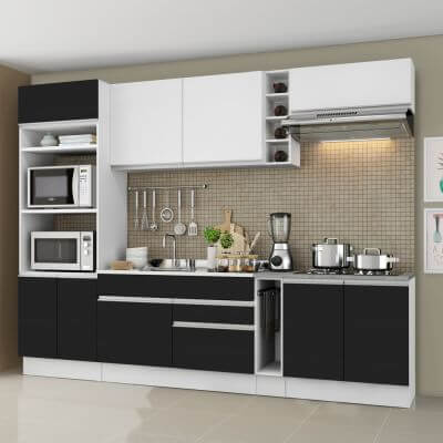 Cozinha Completa Madesa Vicenza Com Armário E Balcão (Sem Tampo E Pia) Branco/Preto/Branco Branco