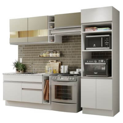 Cozinha Completa Madesa Cristal Com Armário E Balcão (Sem Tampo E Pia) Branco/Branco/Crema Branco