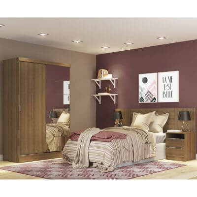 Quarto Completo Com Guarda Roupa Luke 2 Portas Com Espelho E Cabeceira Com 2 Mesas De Cabeceira Madesa Rustic Marrom