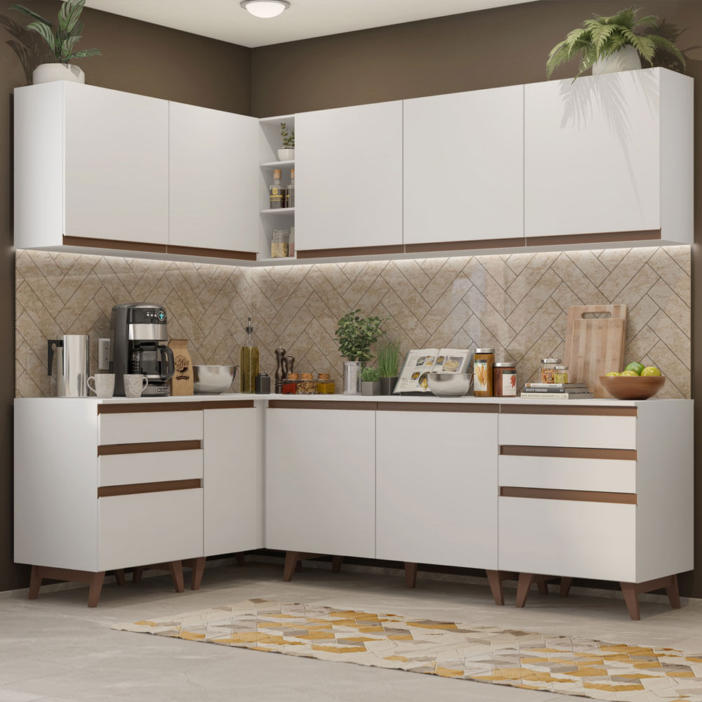 Cozinha Completa De Canto Madesa Reims 382002 Com Armário E Balcão Branco Branco