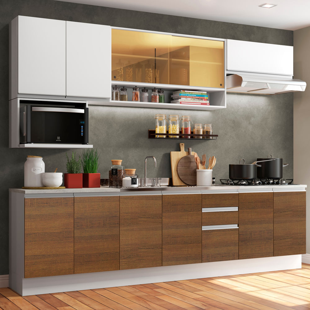 Cozinha Completa Madesa Genova Com Armário E Balcão (Sem Tampo E Pia) Branco/Rustic/Branco Marrom