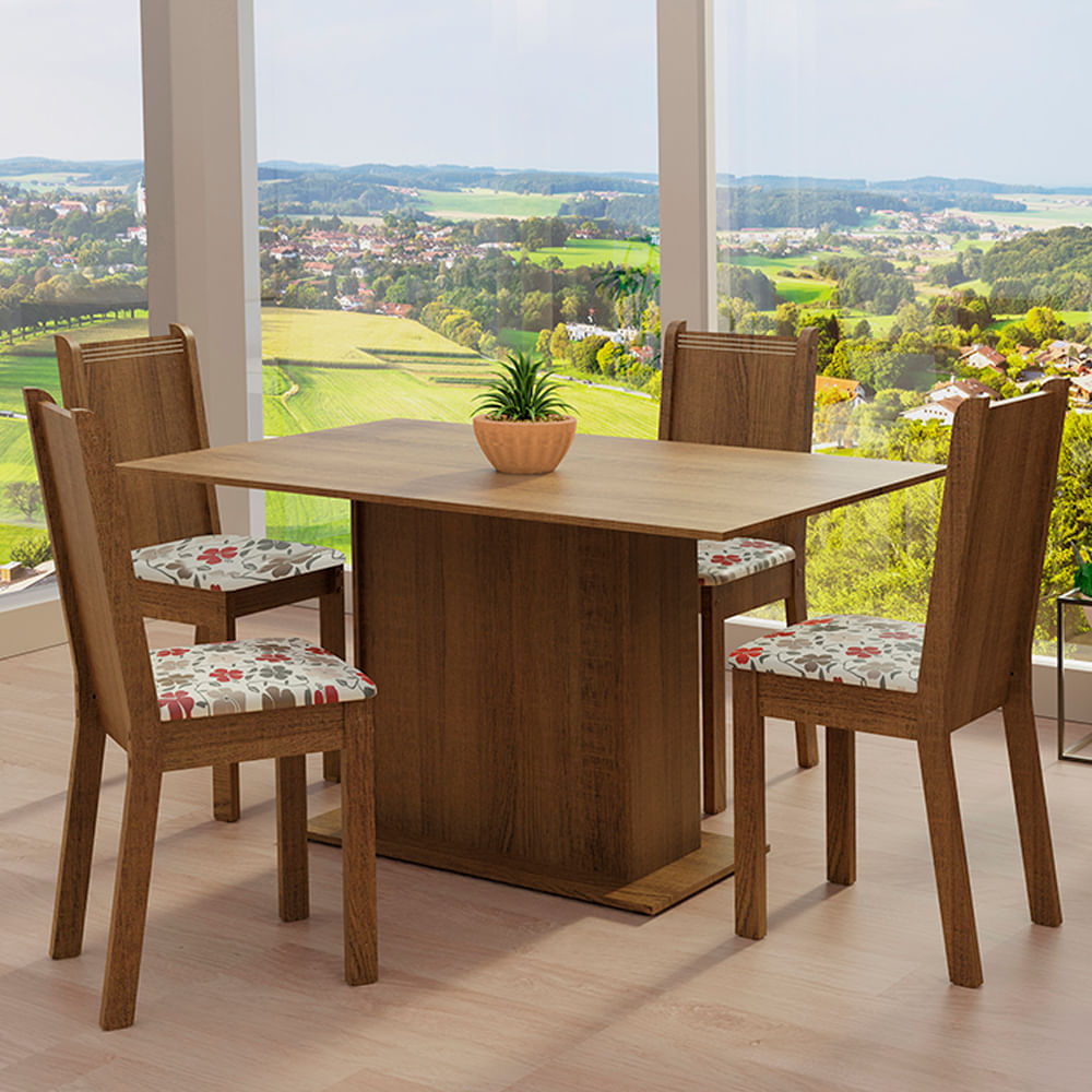 Conjunto Sala De Jantar Madesa Luana Mesa Tampo De Madeira Com 4 Cadeiras Rustic/Floral Hibiscos Marrom
