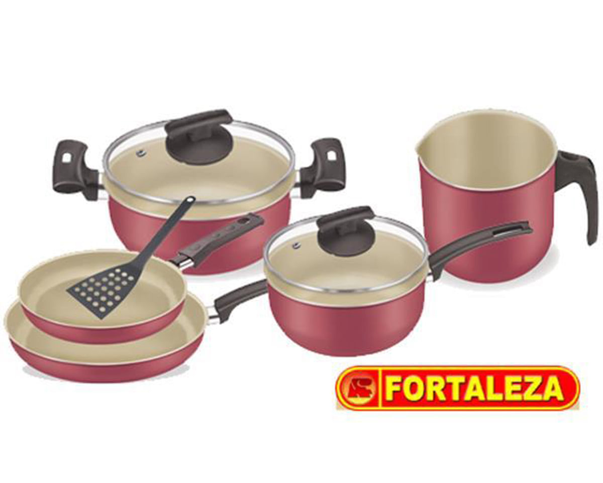 Conjunto De Panelas Fortaleza Com Tampa De Vidro Cereja 5 Peças