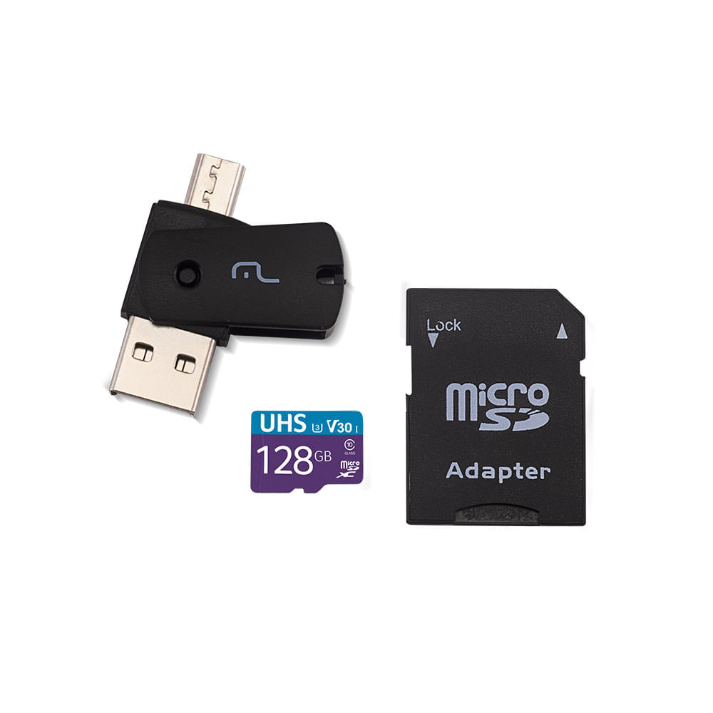 Kit 4 Em 1 Cartão De Memória Ultra High Speed-I U3 + Adaptador Usb Dual Drive + Adaptador Sd 128Gb Até 90 Mb/S De Velocidade Multilaser - Mc153 Multilaser