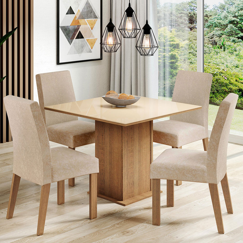 Conjunto Sala De Jantar Madesa Evelin Mesa Tampo De Vidro Com 4 Cadeiras Rustic/Crema/Imperial Marrom